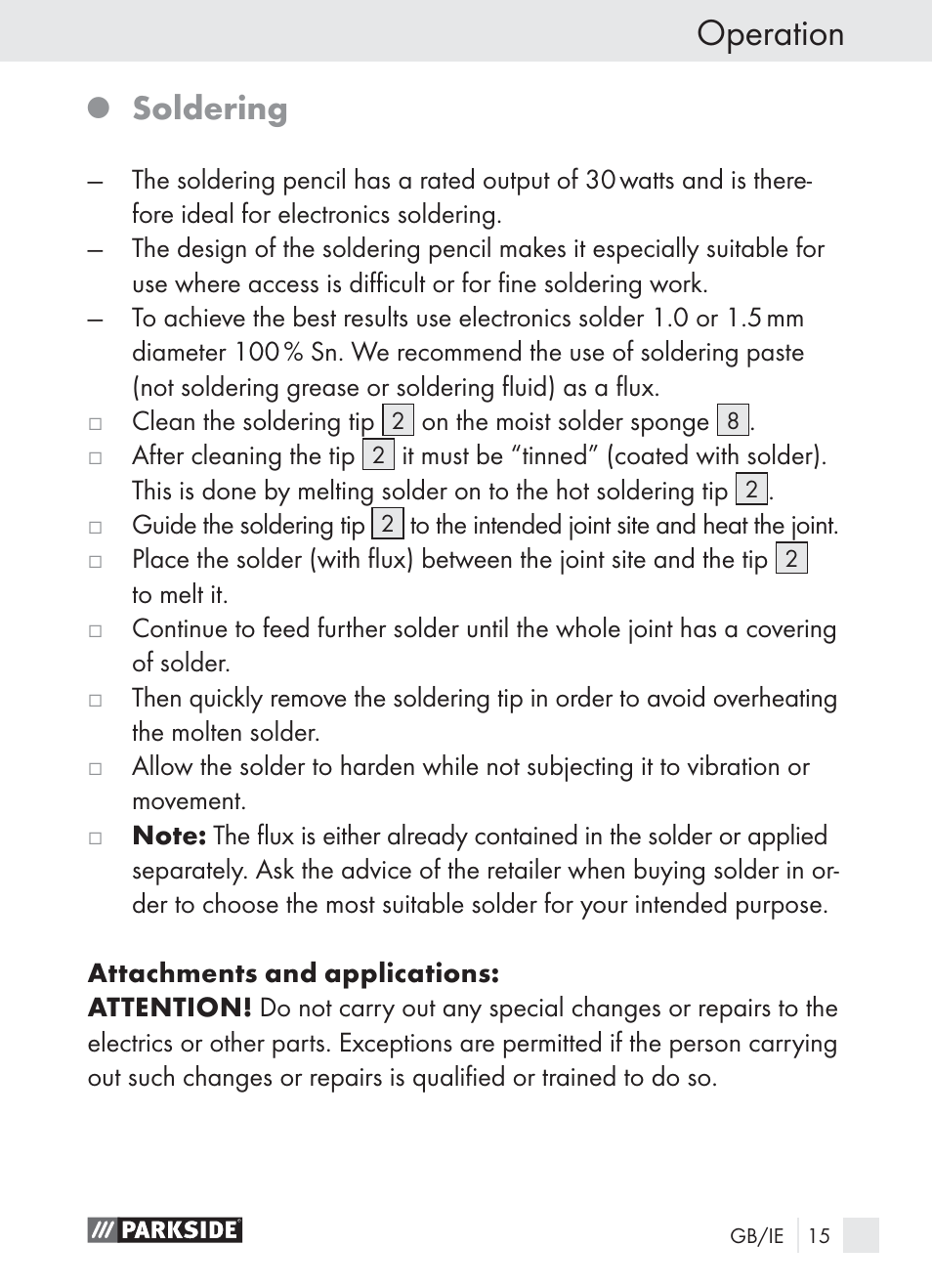Operation, Soldering | Parkside PLBS 30 A1 User Manual | Page 15 / 21