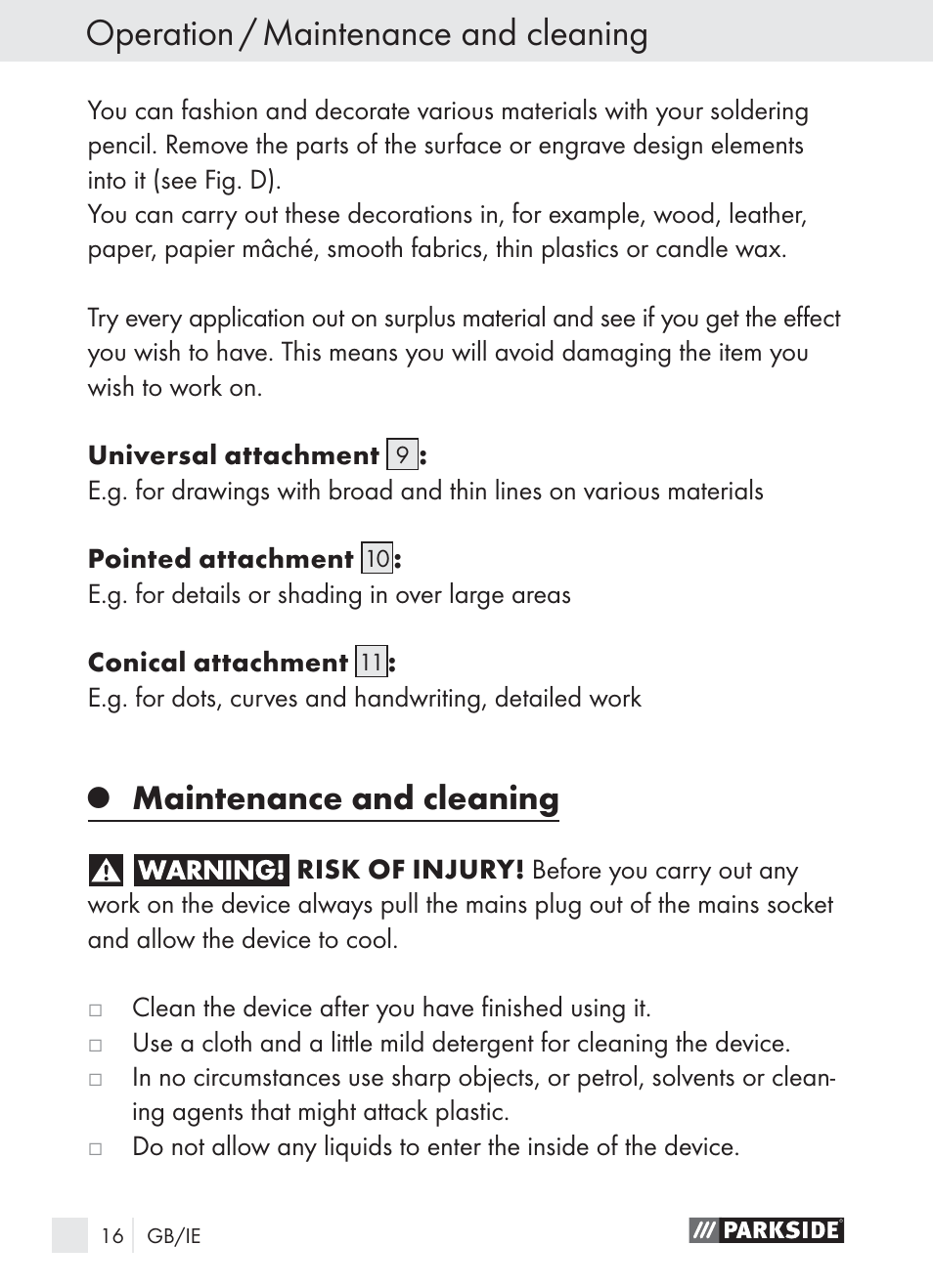 Operation / maintenance and cleaning, Maintenance and cleaning | Parkside PLBS 30 A1 User Manual | Page 16 / 21