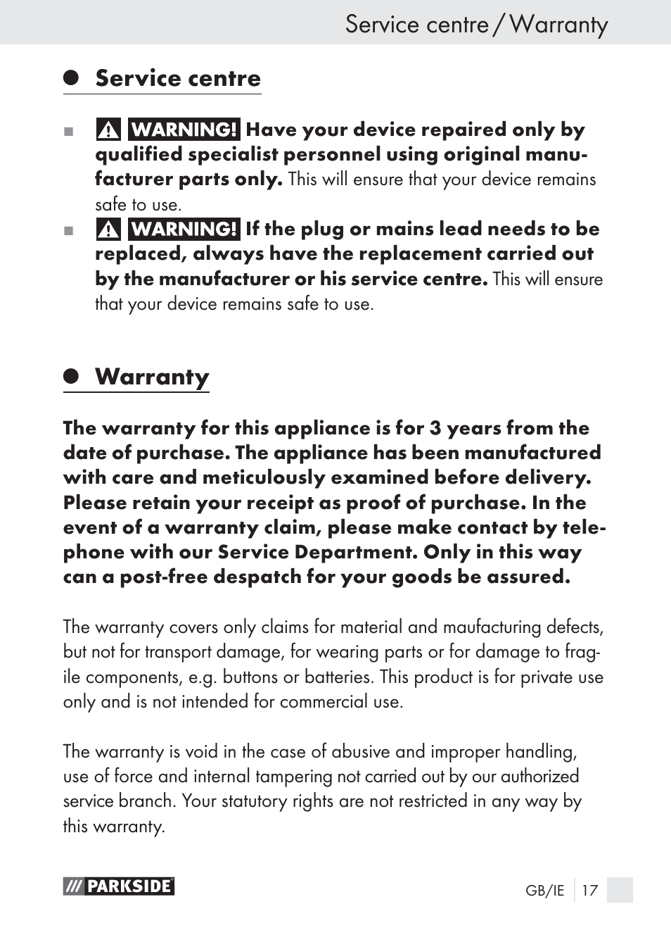 Service centre / warranty, Service centre, Warranty | Parkside PLBS 30 A1 User Manual | Page 17 / 21