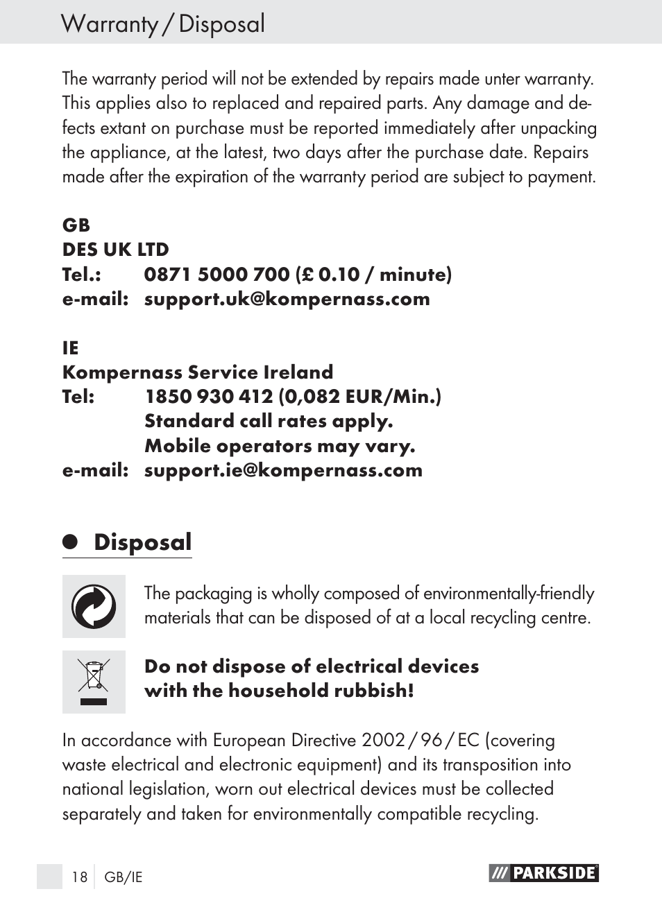 Warranty / disposal, Disposal | Parkside PLBS 30 A1 User Manual | Page 18 / 21
