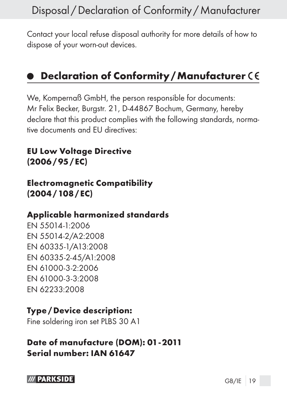 Declaration of conformity / manufacturer | Parkside PLBS 30 A1 User Manual | Page 19 / 21