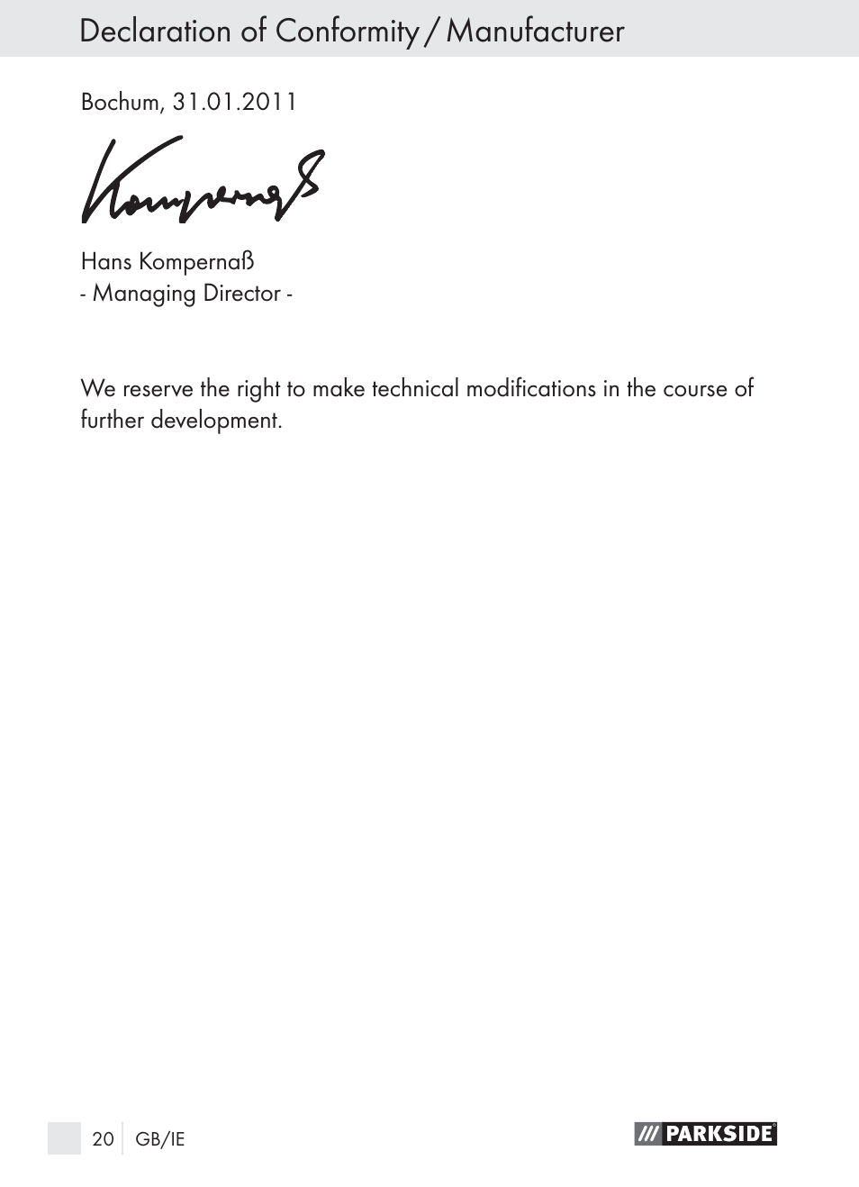 Declaration of conformity / manufacturer | Parkside PLBS 30 A1 User Manual | Page 20 / 21