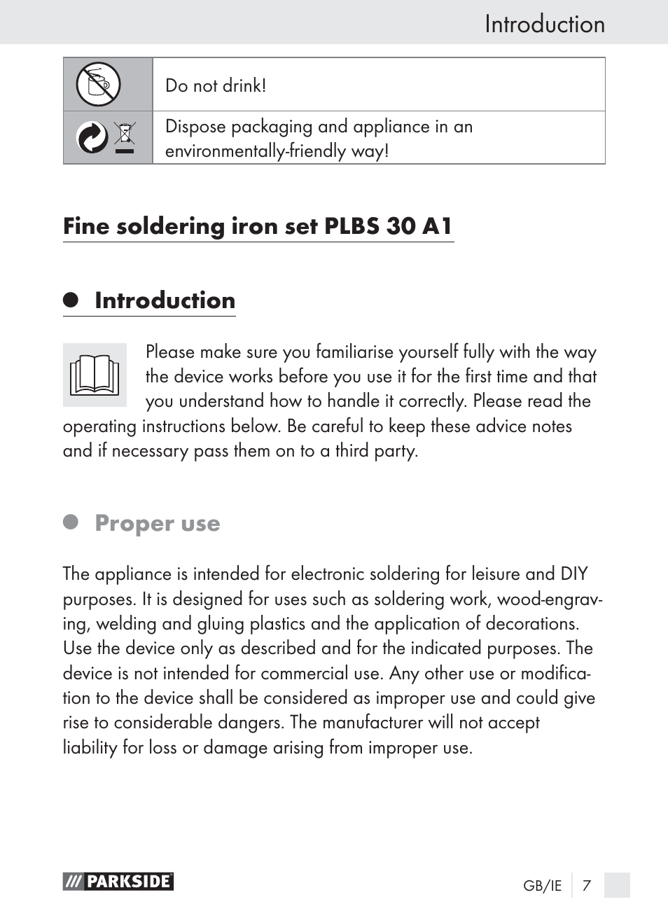 Introduction, Fine soldering iron set plbs 30 a1, Proper use | Parkside PLBS 30 A1 User Manual | Page 7 / 21