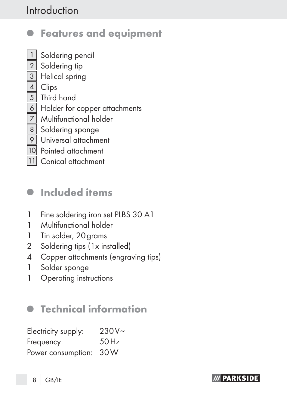 Introduction, Features and equipment, Included items | Technical information | Parkside PLBS 30 A1 User Manual | Page 8 / 21