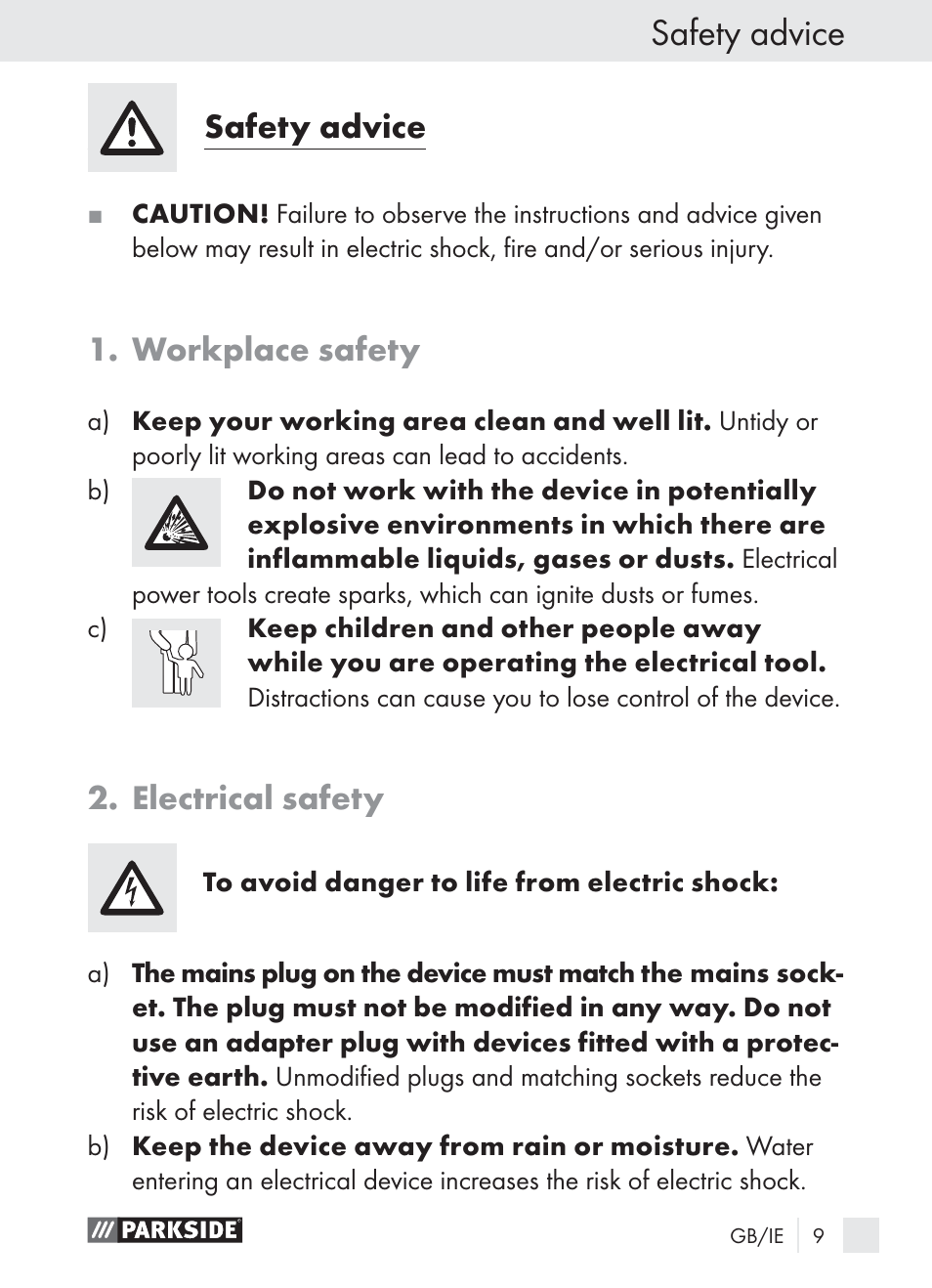 Safety advice, Workplace safety, Electrical safety | Parkside PLBS 30 A1 User Manual | Page 9 / 21