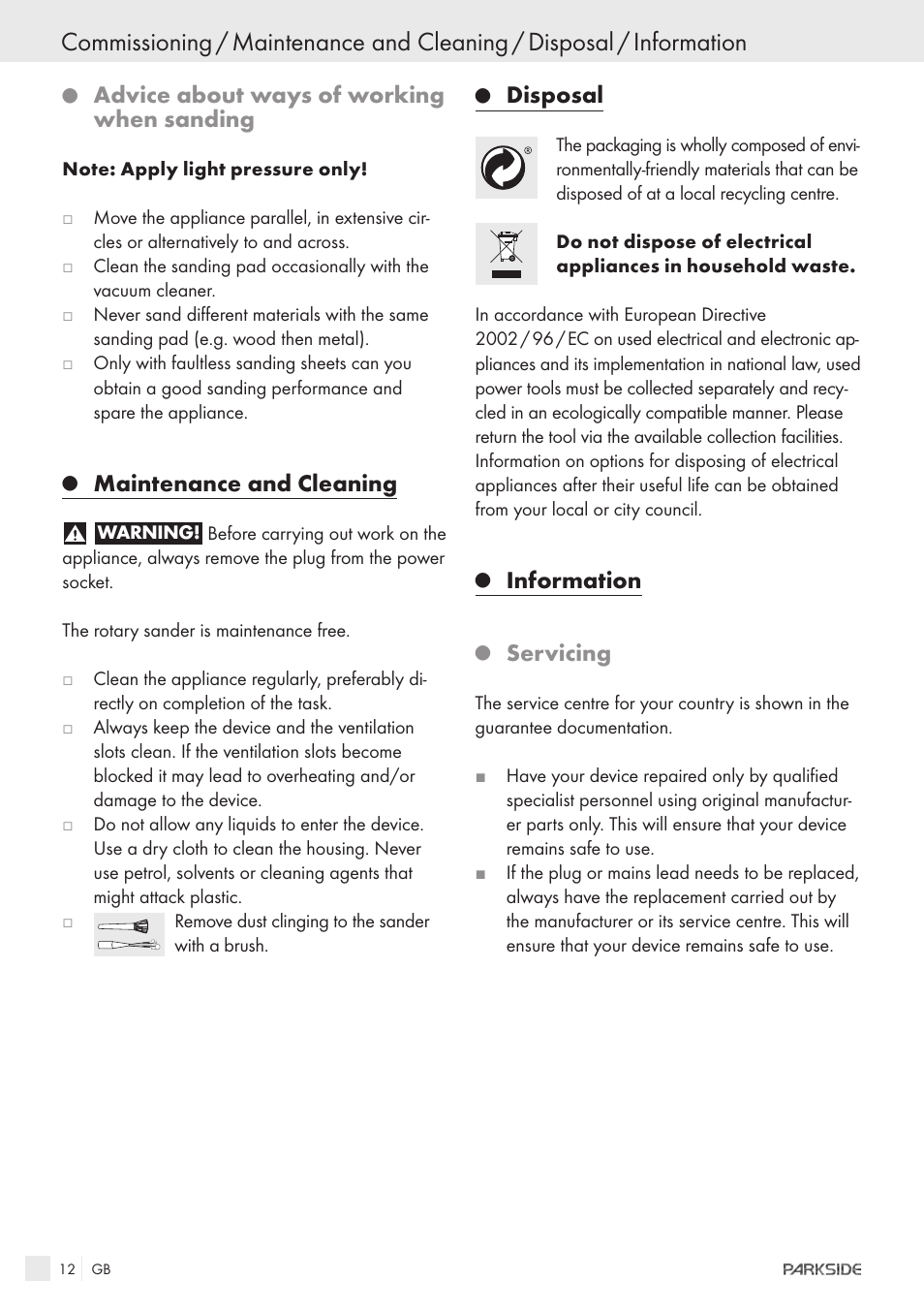 Advice about ways of working when sanding, Maintenance and cleaning, Disposal | Information, Servicing | Parkside XQ600 User Manual | Page 10 / 80