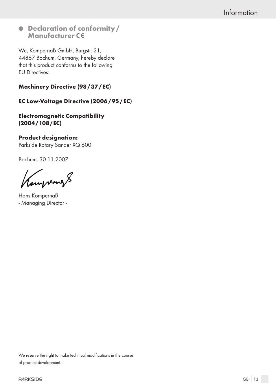 Information, Declaration of conformity / manufacturer | Parkside XQ600 User Manual | Page 11 / 80