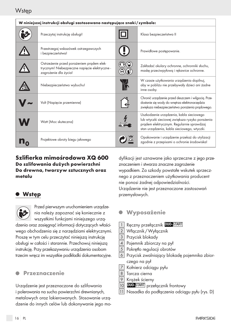 Wstęp, Szlifierka mimośrodowa xq 600, Przeznaczenie | Wyposażenie | Parkside XQ600 User Manual | Page 14 / 80