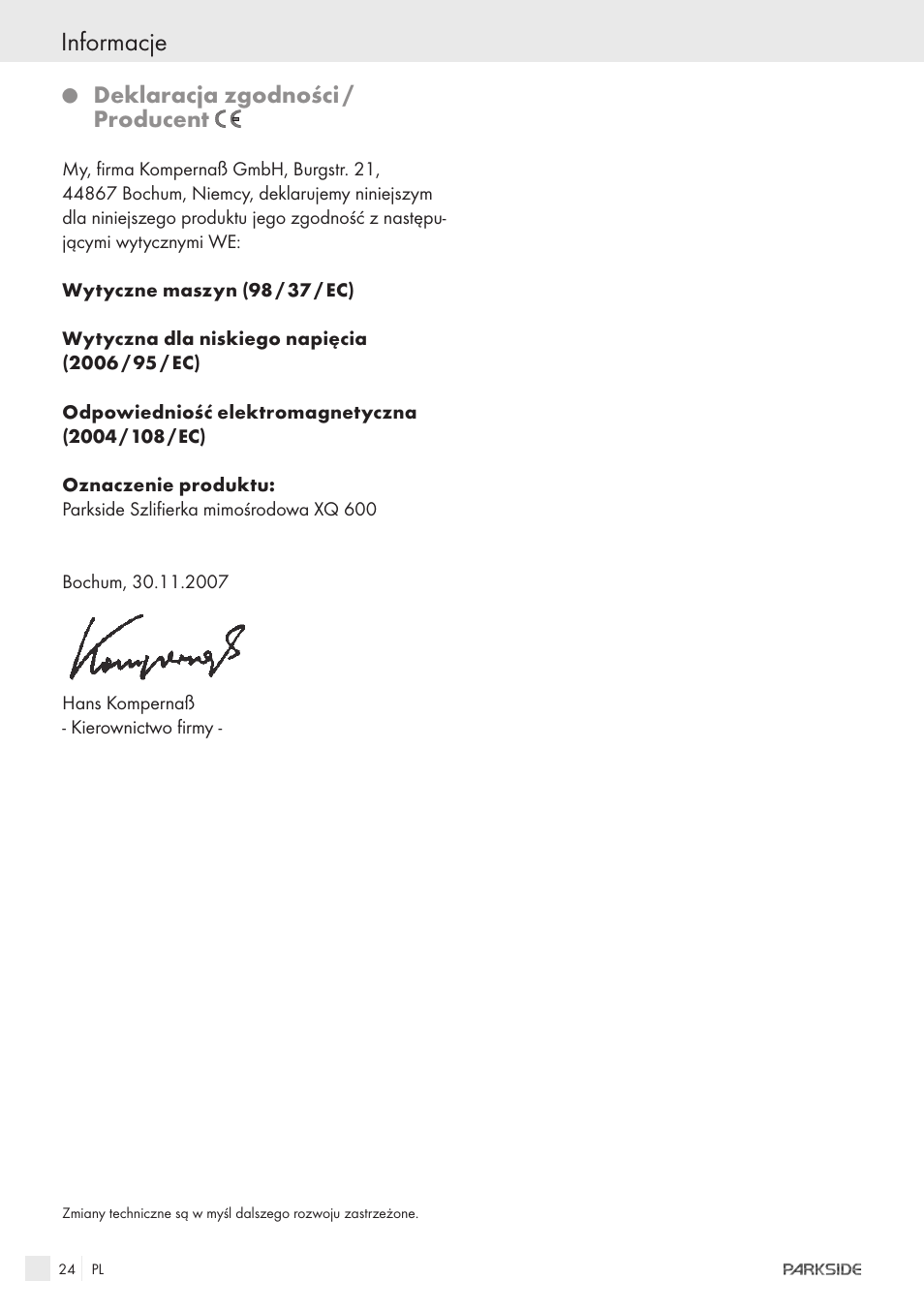 Informacje, Deklaracja zgodności / producent | Parkside XQ600 User Manual | Page 22 / 80