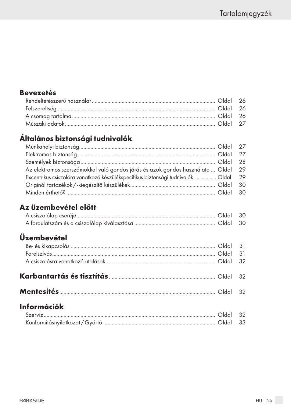 Tartalomjegyzék | Parkside XQ600 User Manual | Page 23 / 80