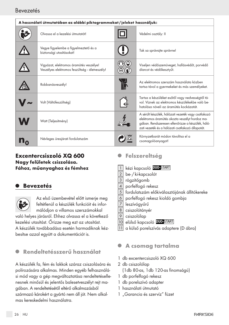 Bevezetés, Excentercsiszoló xq 600, Rendeltetésszerű használat | Felszereltség, A csomag tartalma | Parkside XQ600 User Manual | Page 24 / 80