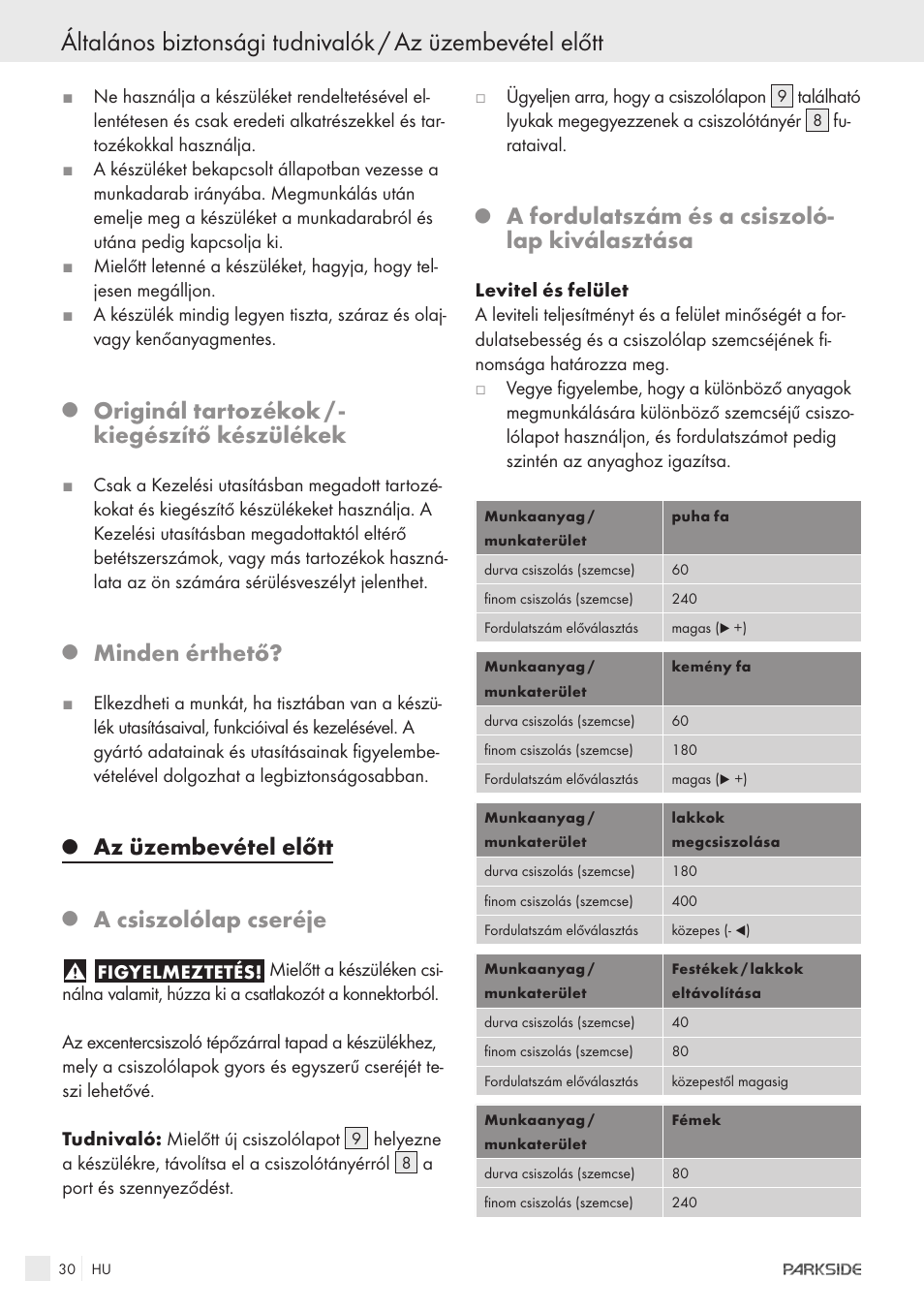 Originál tartozékok / - kiegészítő készülékek, Minden érthető, Az üzembevétel előtt | A csiszolólap cseréje, A fordulatszám és a csiszoló- lap kiválasztása | Parkside XQ600 User Manual | Page 28 / 80