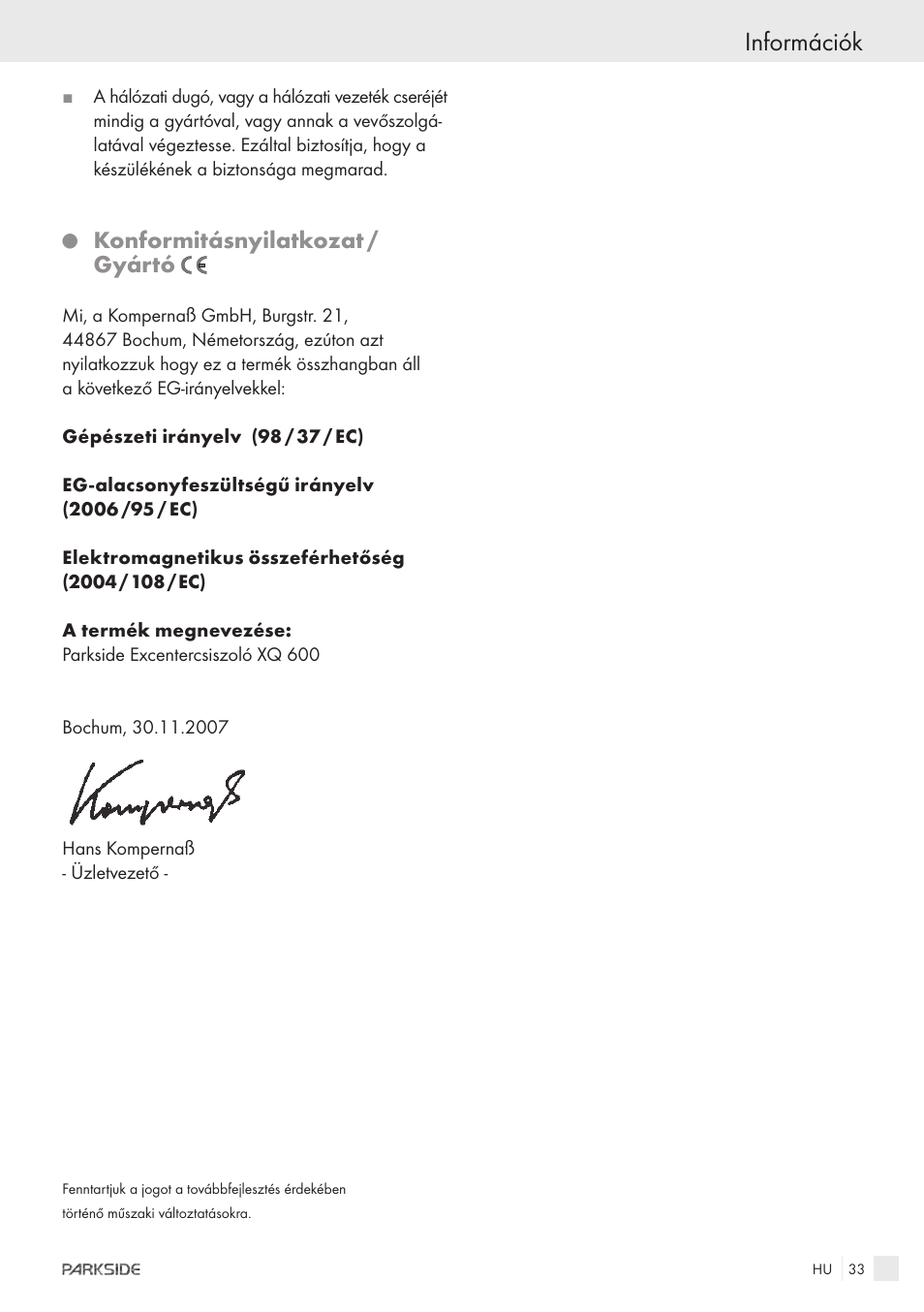 Információk, Konformitásnyilatkozat / gyártó | Parkside XQ600 User Manual | Page 31 / 80