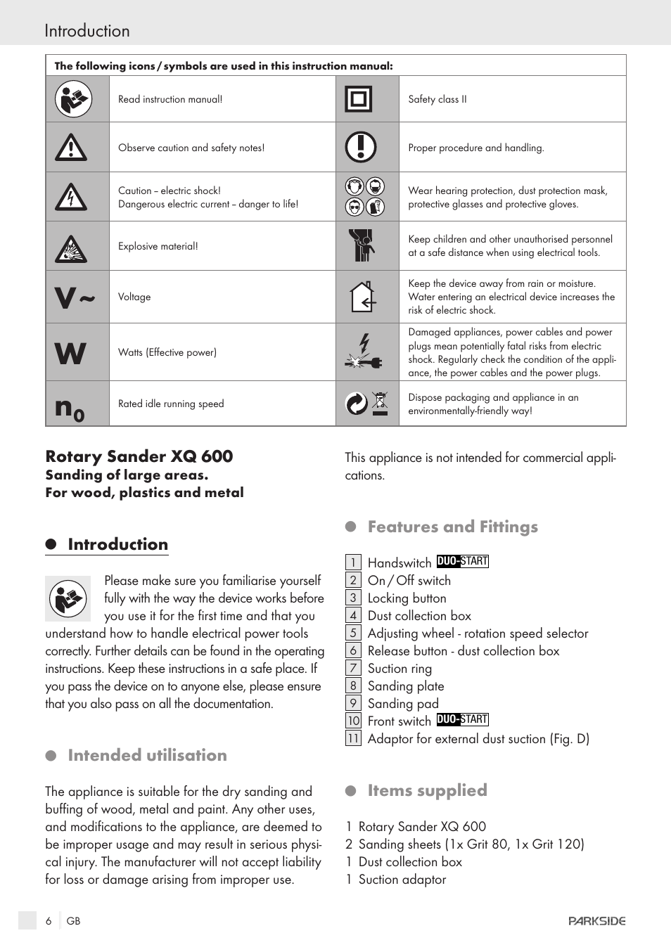 Rotary sander xq 600, Introduction, Intended utilisation | Features and fittings, Items supplied | Parkside XQ600 User Manual | Page 4 / 80