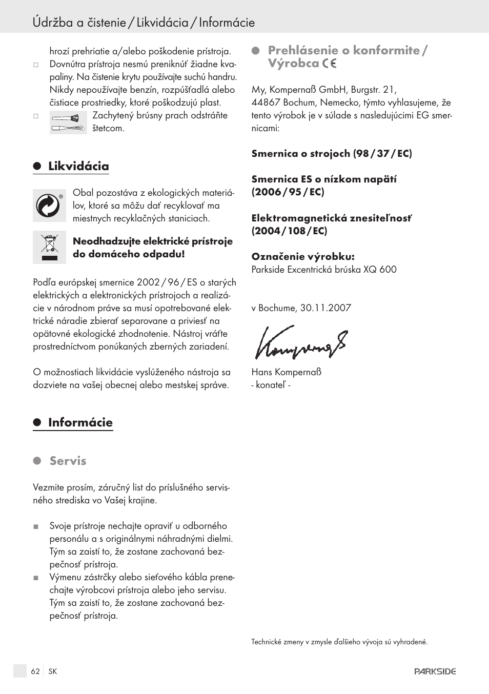 Údržba a čistenie / likvidácia / informácie, Likvidácia, Informácie | Servis, Prehlásenie o konformite / výrobca | Parkside XQ600 User Manual | Page 60 / 80