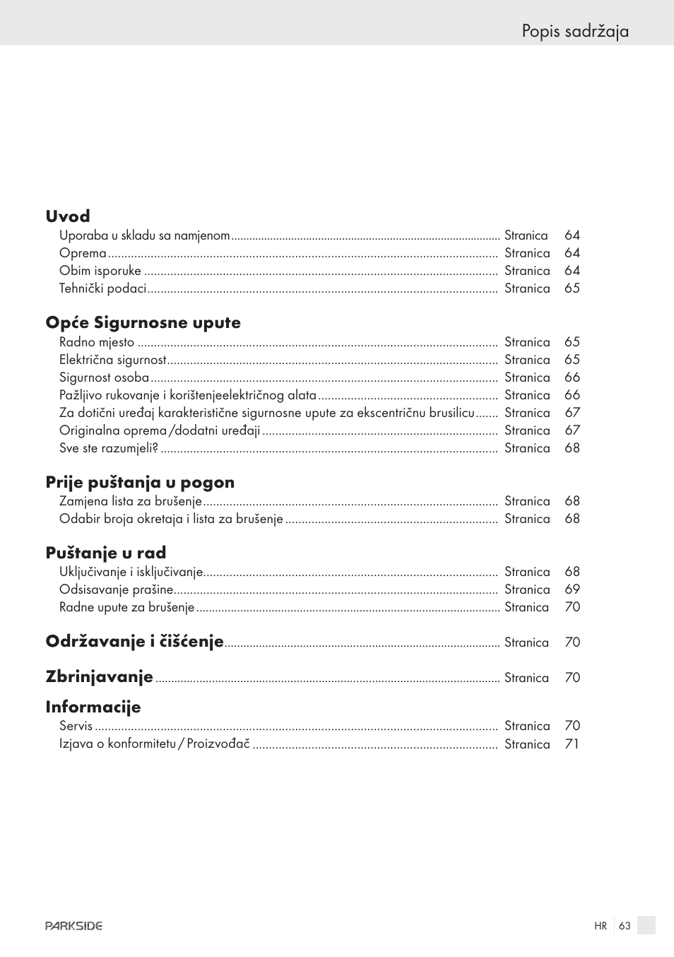 Popis sadržaja | Parkside XQ600 User Manual | Page 61 / 80