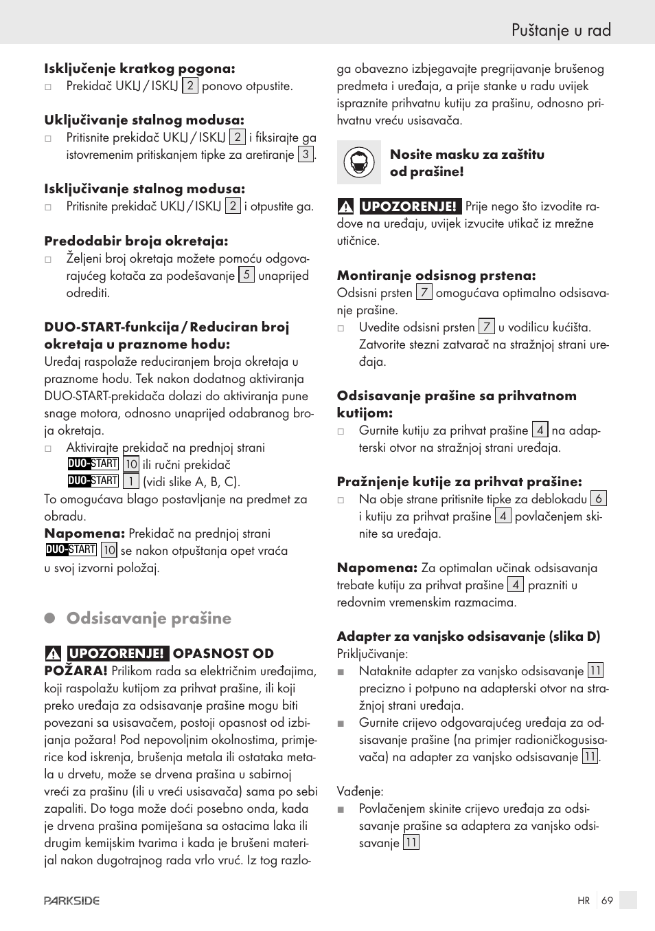 Puštanje u rad, Odsisavanje prašine | Parkside XQ600 User Manual | Page 67 / 80