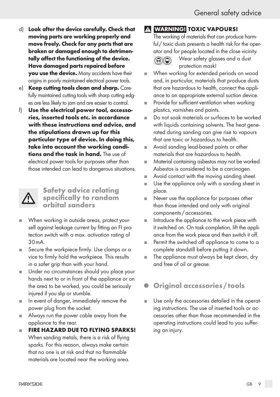 General safety advice, Original accessories / tools | Parkside XQ600 User Manual | Page 7 / 80