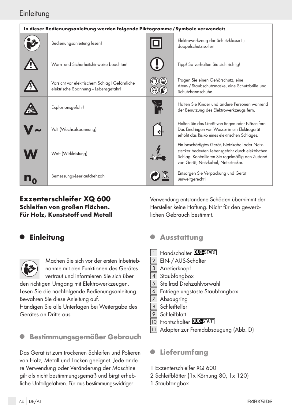 Einleitung, Exzenterschleifer xq 600, Bestimmungsgemäßer gebrauch | Ausstattung, Lieferumfang | Parkside XQ600 User Manual | Page 72 / 80