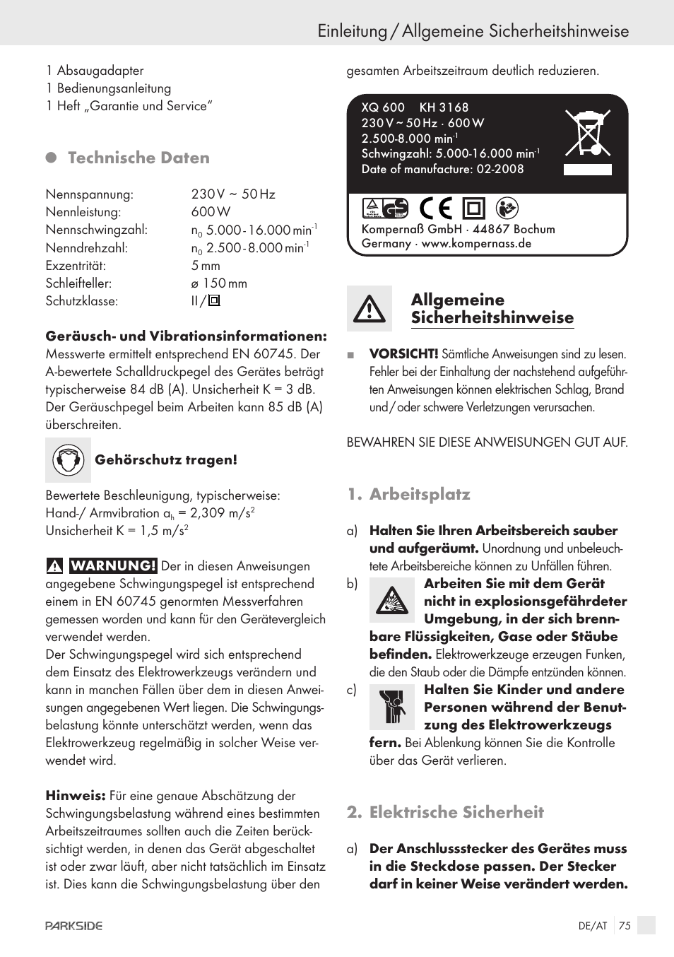 Einleitung / allgemeine sicherheitshinweise, Technische daten, Allgemeine sicherheitshinweise | Arbeitsplatz, Elektrische sicherheit | Parkside XQ600 User Manual | Page 73 / 80