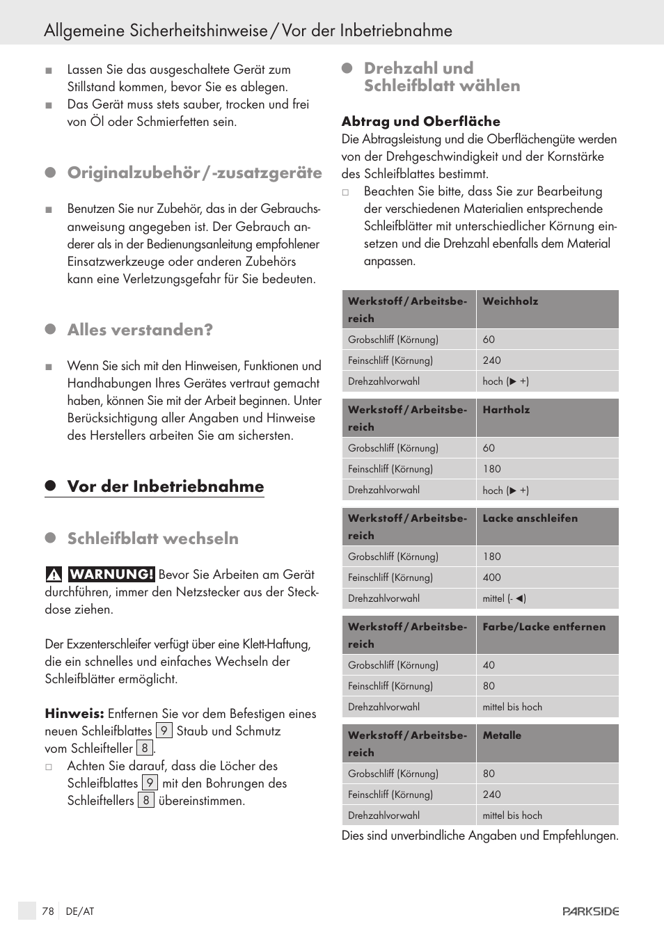 Originalzubehör / -zusatzgeräte, Alles verstanden, Vor der inbetriebnahme | Schleifblatt wechseln, Drehzahl und schleifblatt wählen | Parkside XQ600 User Manual | Page 76 / 80