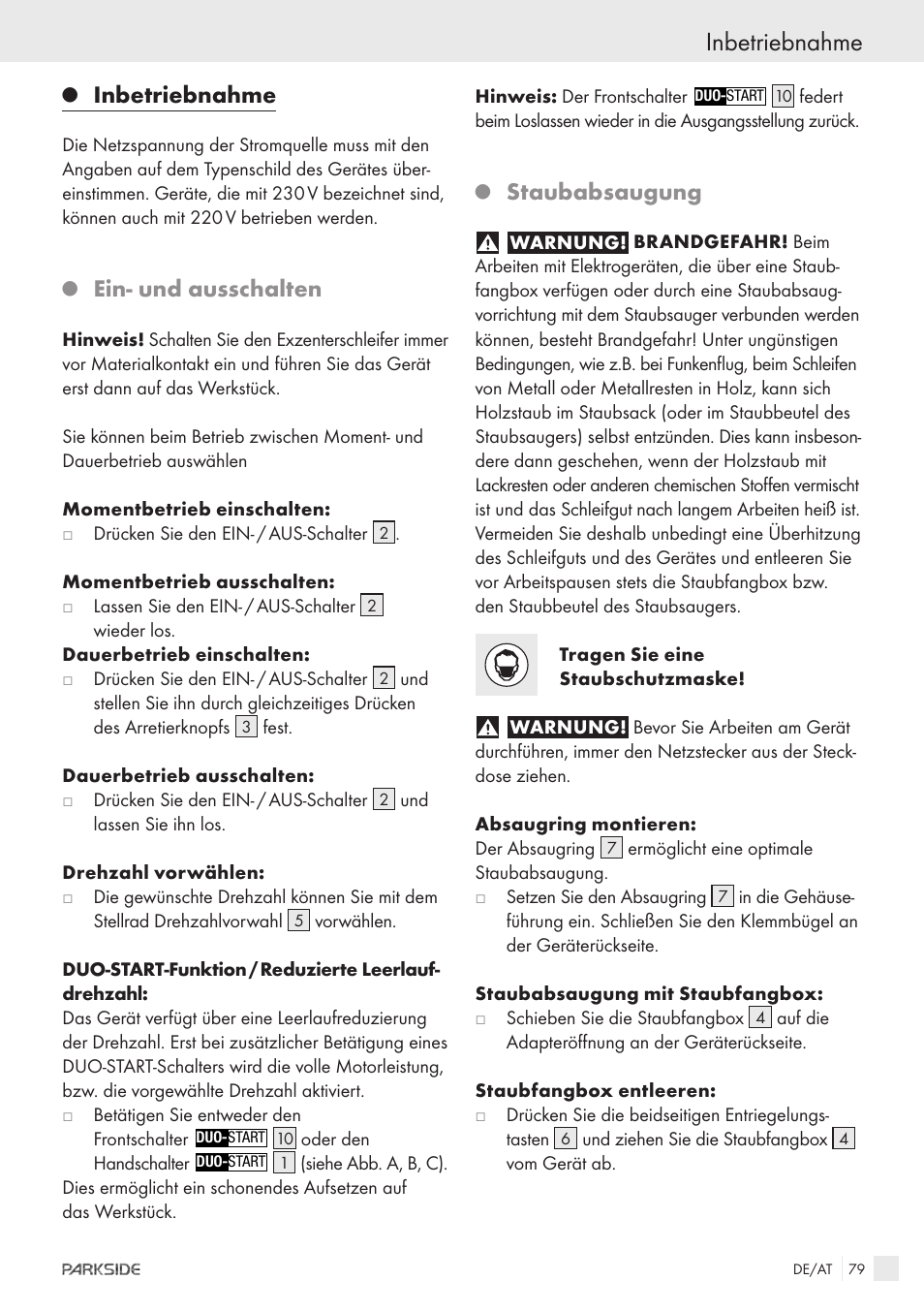 Inbetriebnahme, Ein- und ausschalten, Staubabsaugung | Parkside XQ600 User Manual | Page 77 / 80