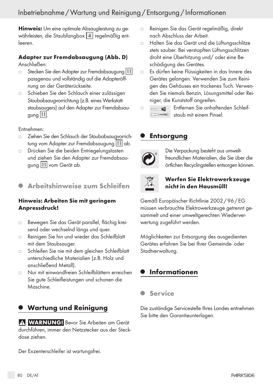 Arbeitshinweise zum schleifen, Wartung und reinigung, Entsorgung | Informationen, Service | Parkside XQ600 User Manual | Page 78 / 80