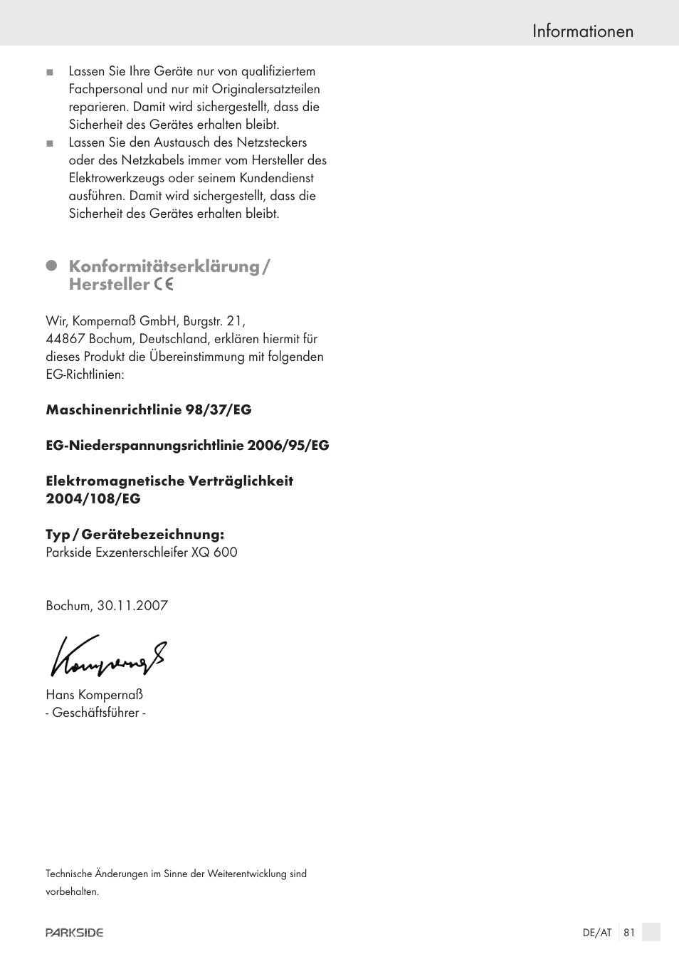 Informationen, Konformitätserklärung / hersteller | Parkside XQ600 User Manual | Page 79 / 80