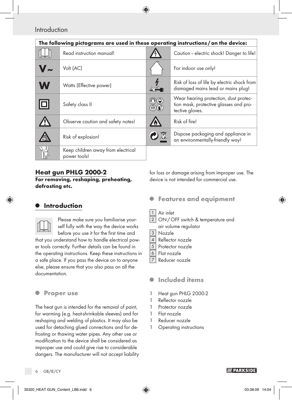 Introduction, Proper use, Features and equipment | Included items | Parkside PHLG 2000-2 User Manual | Page 5 / 12