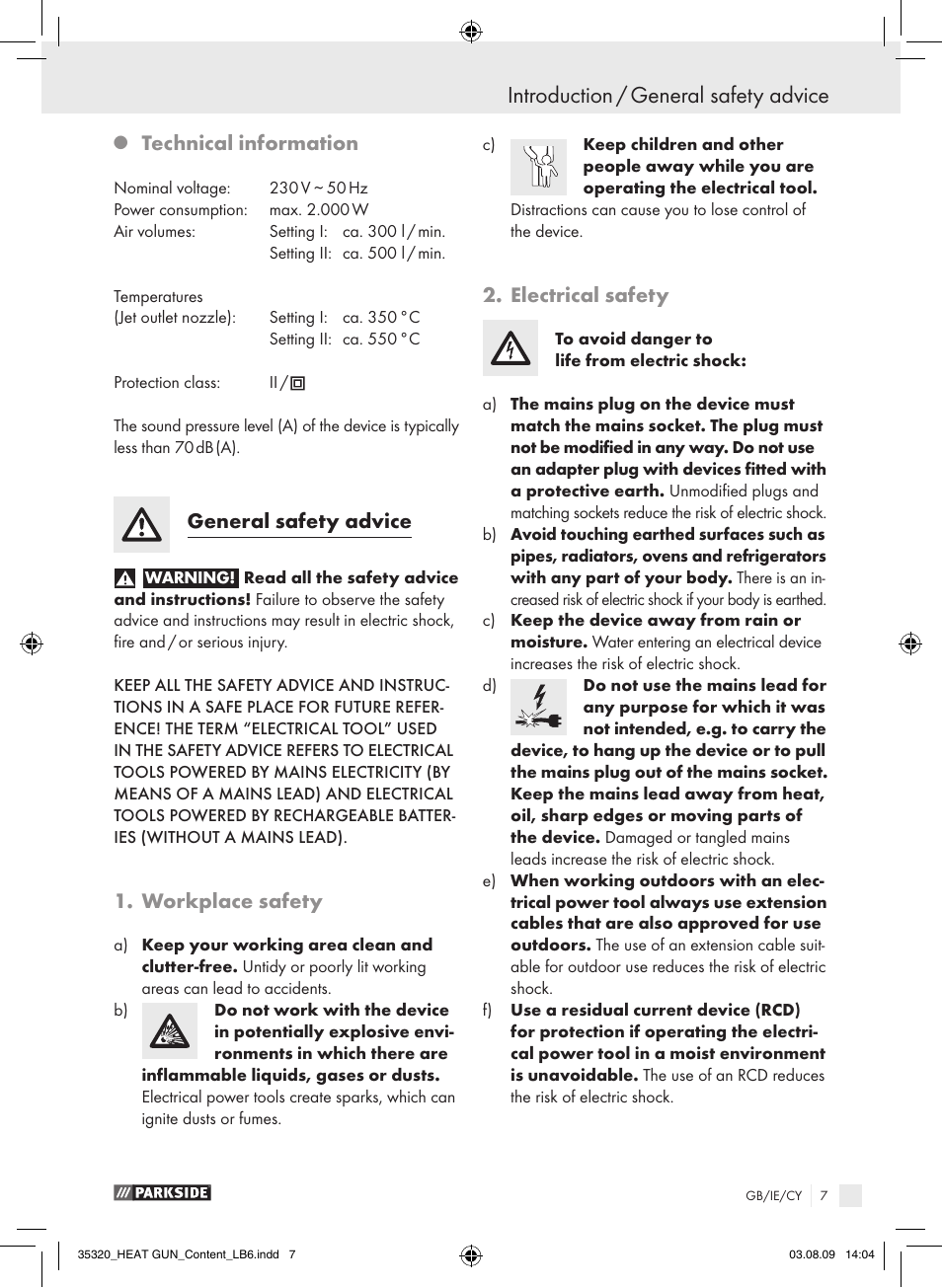 Introduction / general safety advice, Technical information, General safety advice | Workplace safety, Electrical safety | Parkside PHLG 2000-2 User Manual | Page 6 / 12