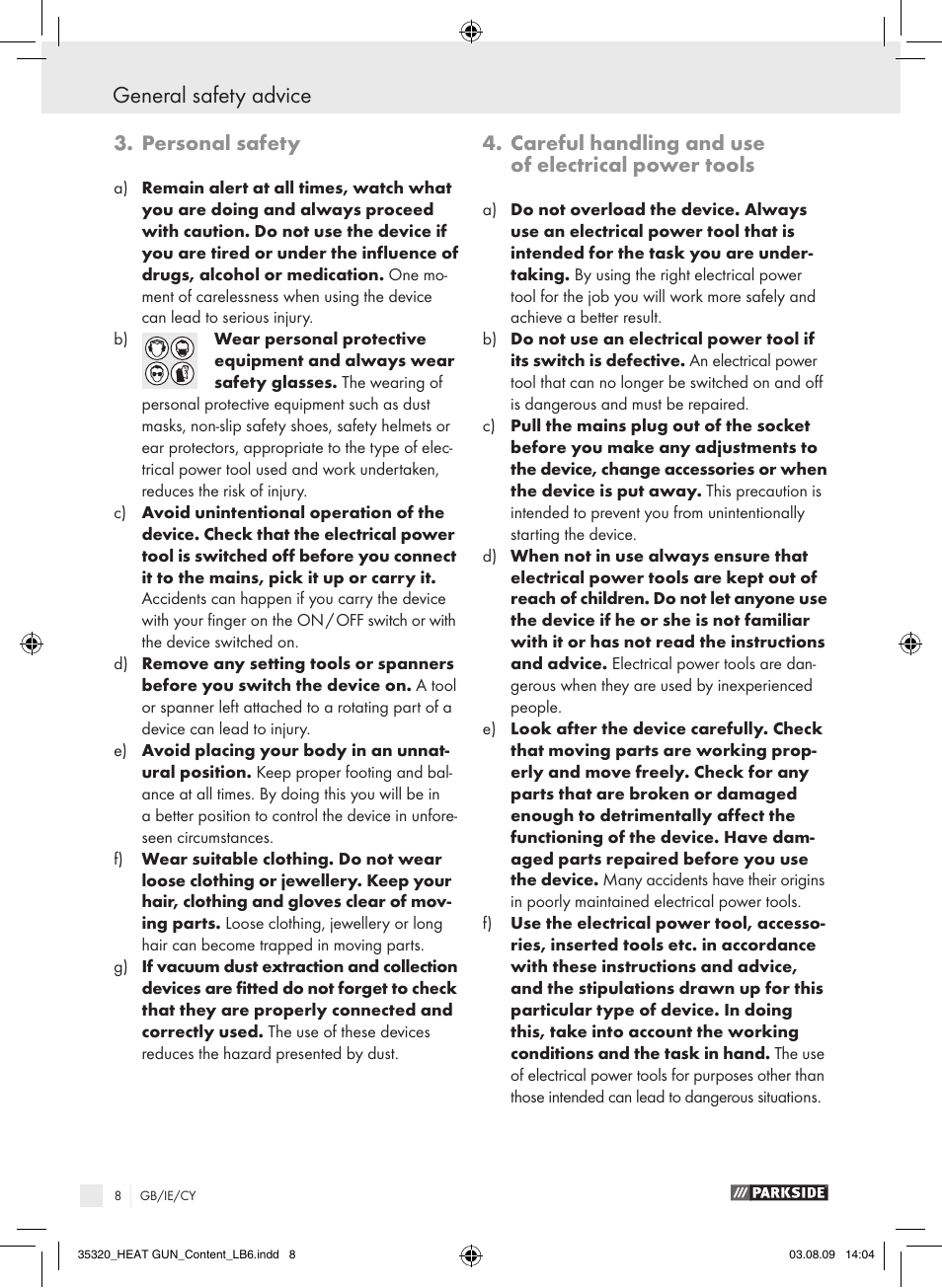 General safety advice, Personal safety, Careful handling and use of electrical power tools | Parkside PHLG 2000-2 User Manual | Page 7 / 12