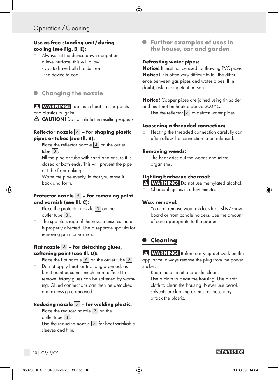 Operation / cleaning, Changing the nozzle, Cleaning | Parkside PHLG 2000-2 User Manual | Page 9 / 12