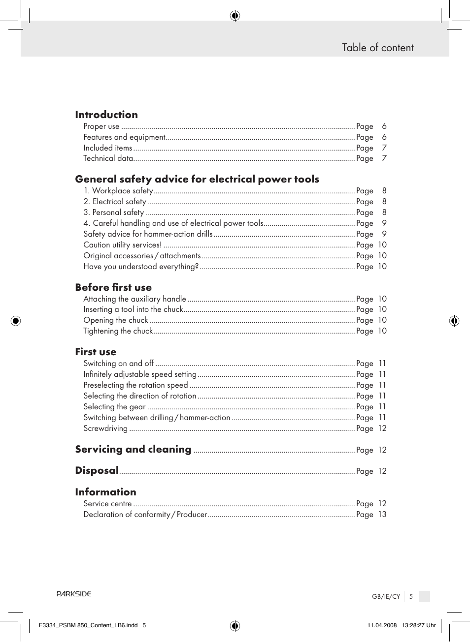 Table of content | Parkside PSBM 850 User Manual | Page 5 / 13