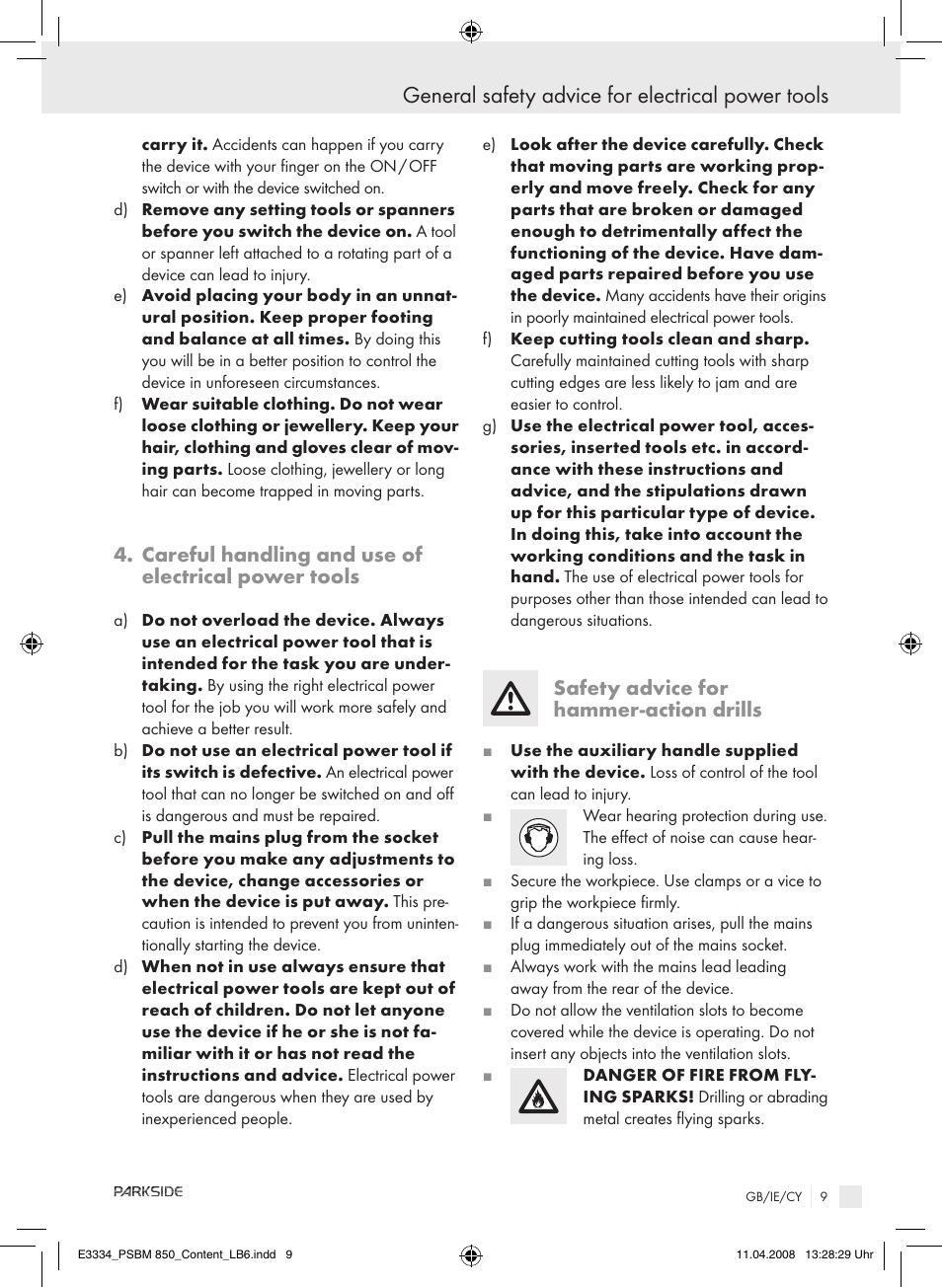 General safety advice for electrical power tools, Careful handling and use of electrical power tools, Safety advice for hammer-action drills | Parkside PSBM 850 User Manual | Page 9 / 13