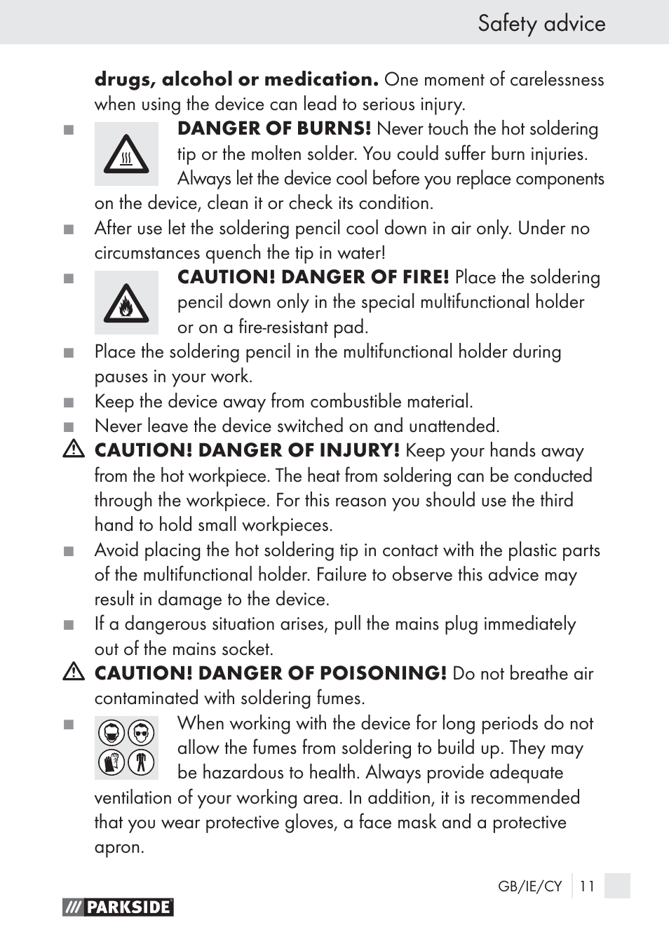 Safety advice | Parkside PLBS 30 User Manual | Page 10 / 19