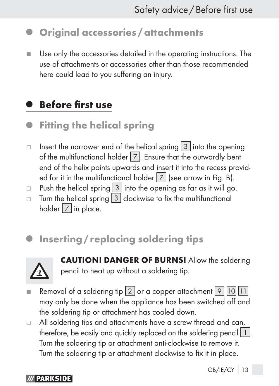 Safety advice / before ﬁrst use, Original accessories / attachments, Before ﬁrst use | Fitting the helical spring, Inserting / replacing soldering tips | Parkside PLBS 30 User Manual | Page 12 / 19