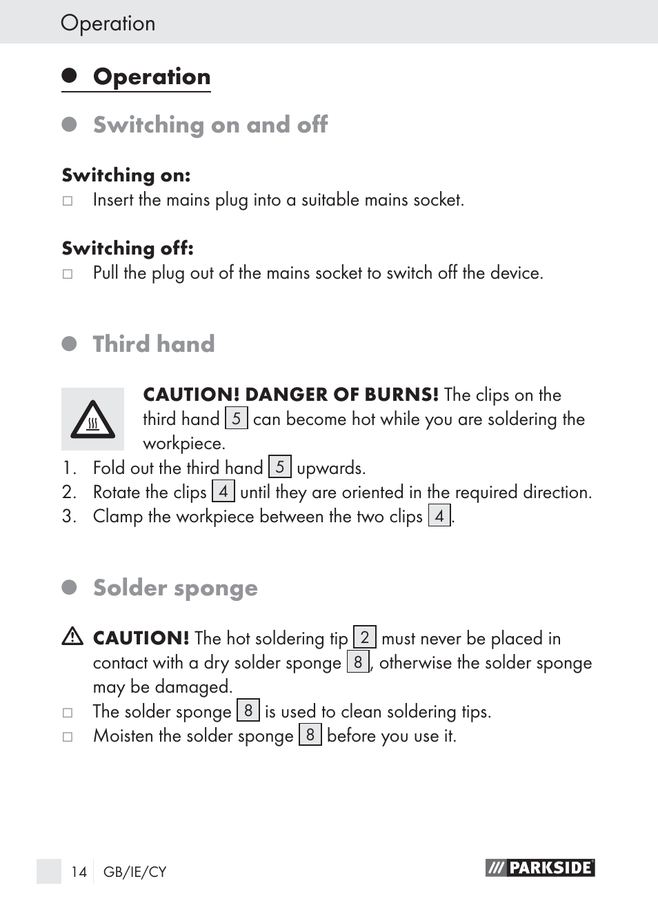 Operation, Switching on and oﬀ, Third hand | Solder sponge | Parkside PLBS 30 User Manual | Page 13 / 19