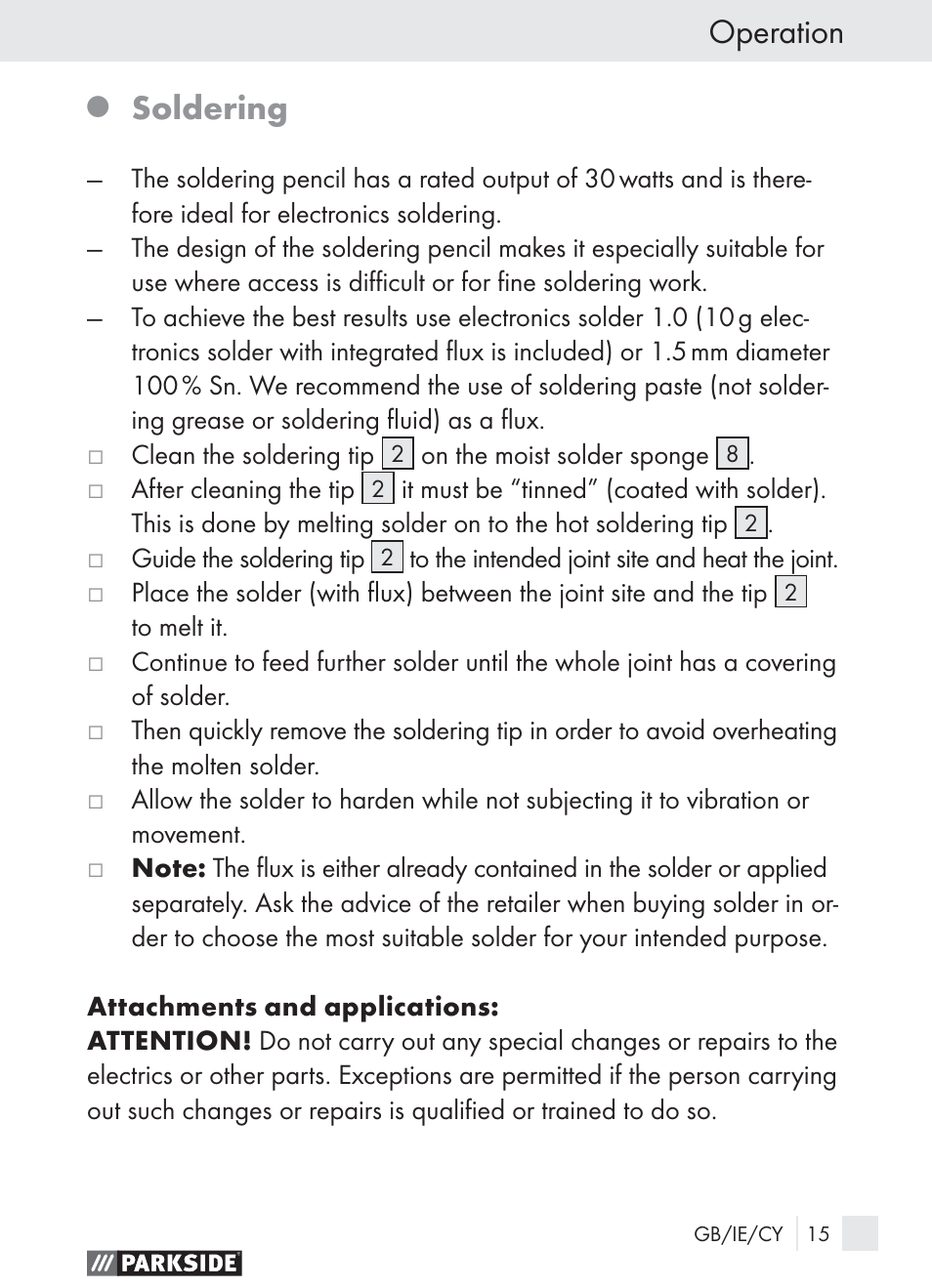 Operation, Soldering | Parkside PLBS 30 User Manual | Page 14 / 19