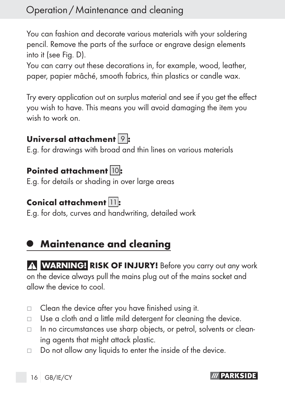 Operation / maintenance and cleaning, Maintenance and cleaning | Parkside PLBS 30 User Manual | Page 15 / 19