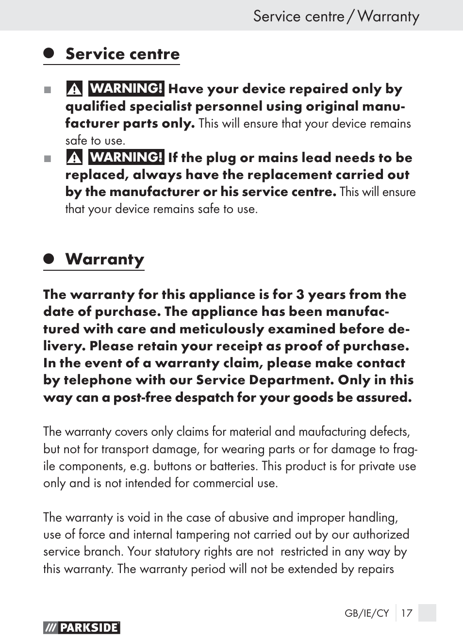 Service centre / warranty, Service centre, Warranty | Parkside PLBS 30 User Manual | Page 16 / 19