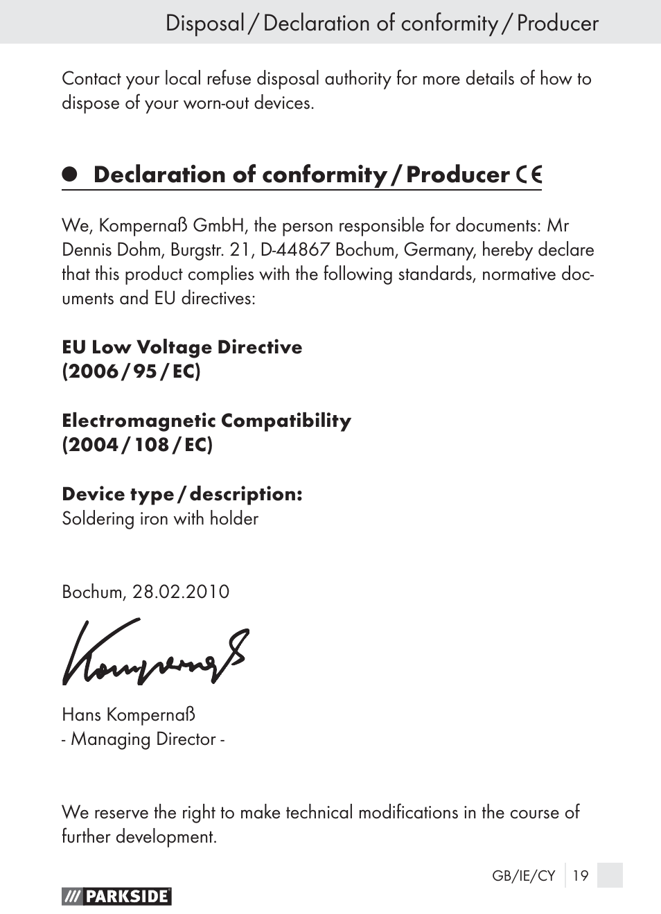 Disposal / declaration of conformity / producer, Declaration of conformity / producer | Parkside PLBS 30 User Manual | Page 18 / 19