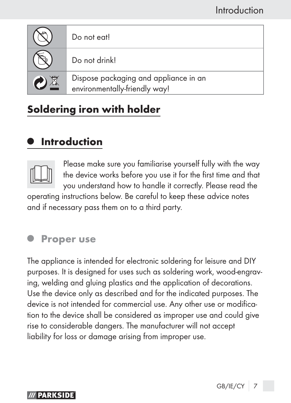 Introduction, Soldering iron with holder, Proper use | Parkside PLBS 30 User Manual | Page 6 / 19