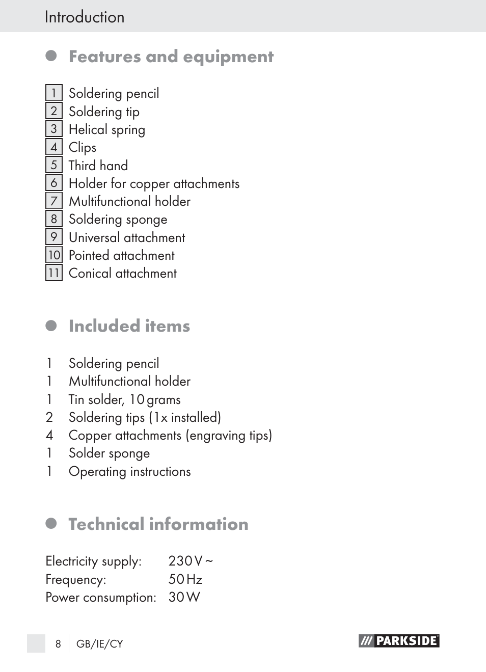 Introduction, Features and equipment, Included items | Technical information | Parkside PLBS 30 User Manual | Page 7 / 19