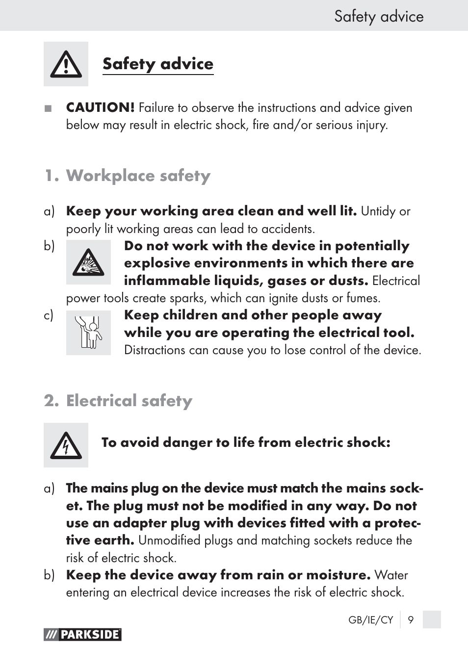 Safety advice, Workplace safety, Electrical safety | Parkside PLBS 30 User Manual | Page 8 / 19