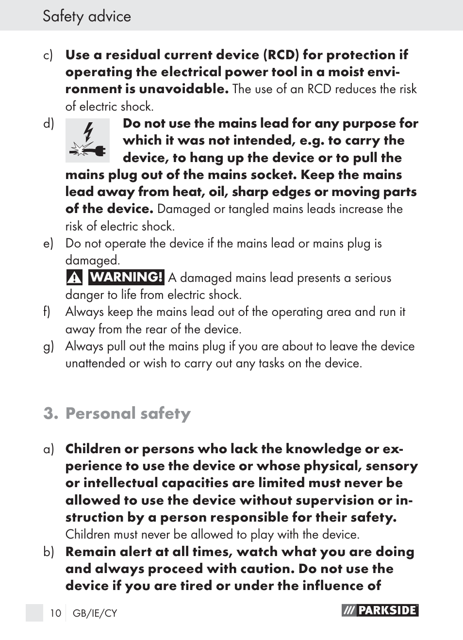 Safety advice, Personal safety | Parkside PLBS 30 User Manual | Page 9 / 19