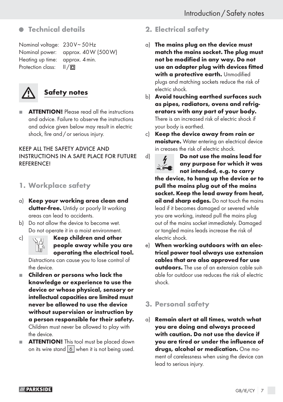 Technical details, Workplace safety, Electrical safety | Personal safety | Parkside PHKP 500SE User Manual | Page 6 / 10