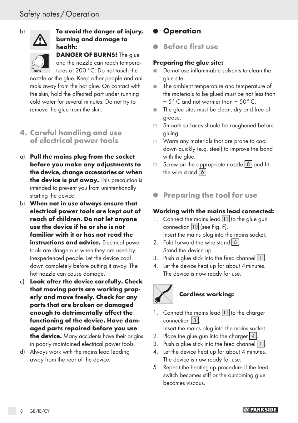 Careful handling and use of electrical power tools, Operation, Before ﬁrst use | Preparing the tool for use | Parkside PHKP 500SE User Manual | Page 7 / 10