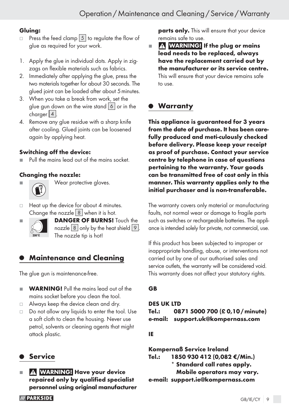 Maintenance and cleaning, Service, Warranty | Parkside PHKP 500SE User Manual | Page 8 / 10