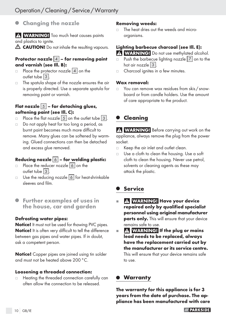 Operation / cleaning / service / warranty, Changing the nozzle, Cleaning | Service, Warranty | Parkside PHLG 2000 B1 User Manual | Page 10 / 13