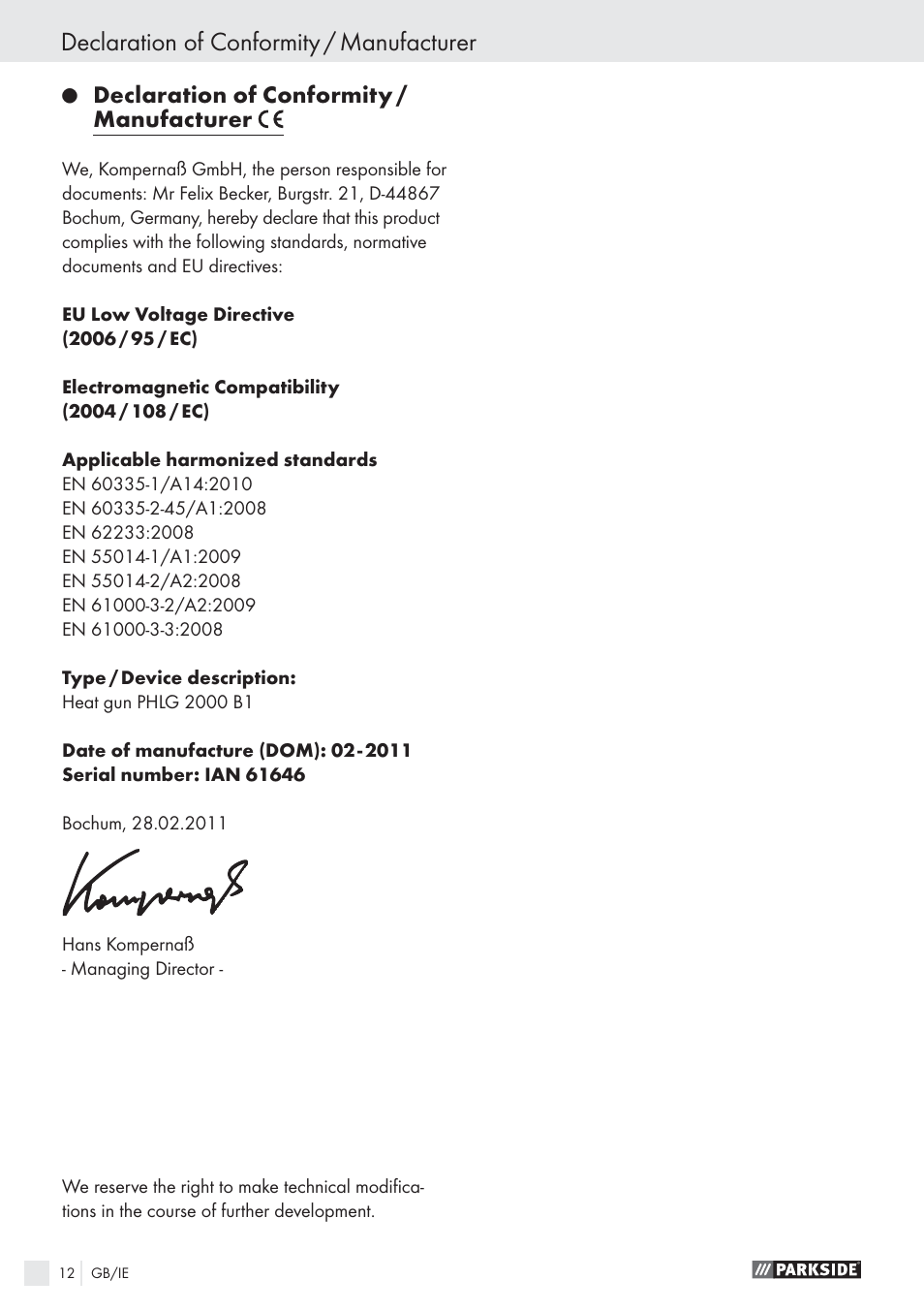 Declaration of conformity / manufacturer | Parkside PHLG 2000 B1 User Manual | Page 12 / 13